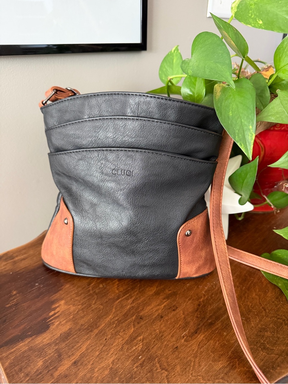 Cluci Black and Tan Triple Pocket Crossbody Bag